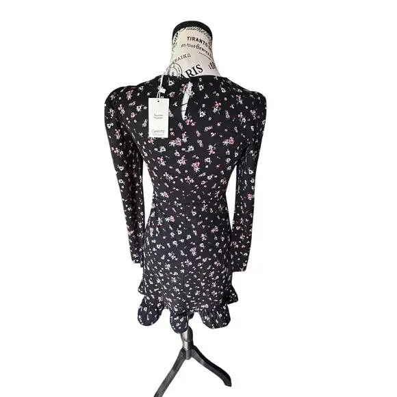 NEW Mango Black Floral Long Sleeve Mini Dress Puff Shoulder Ruffle Hem Size XS - Picture 5 of 12